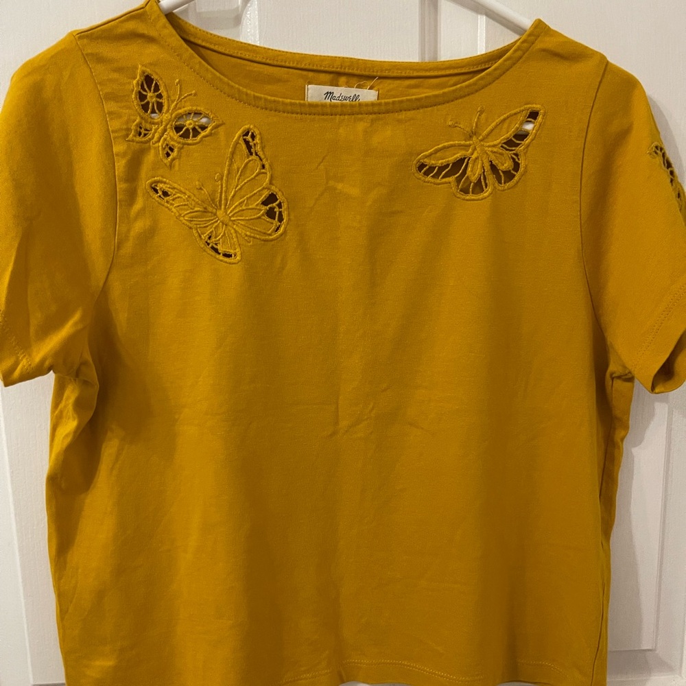 Madewell Mustard Yellow Short Sleeve Top with Butterfly Cutout Details